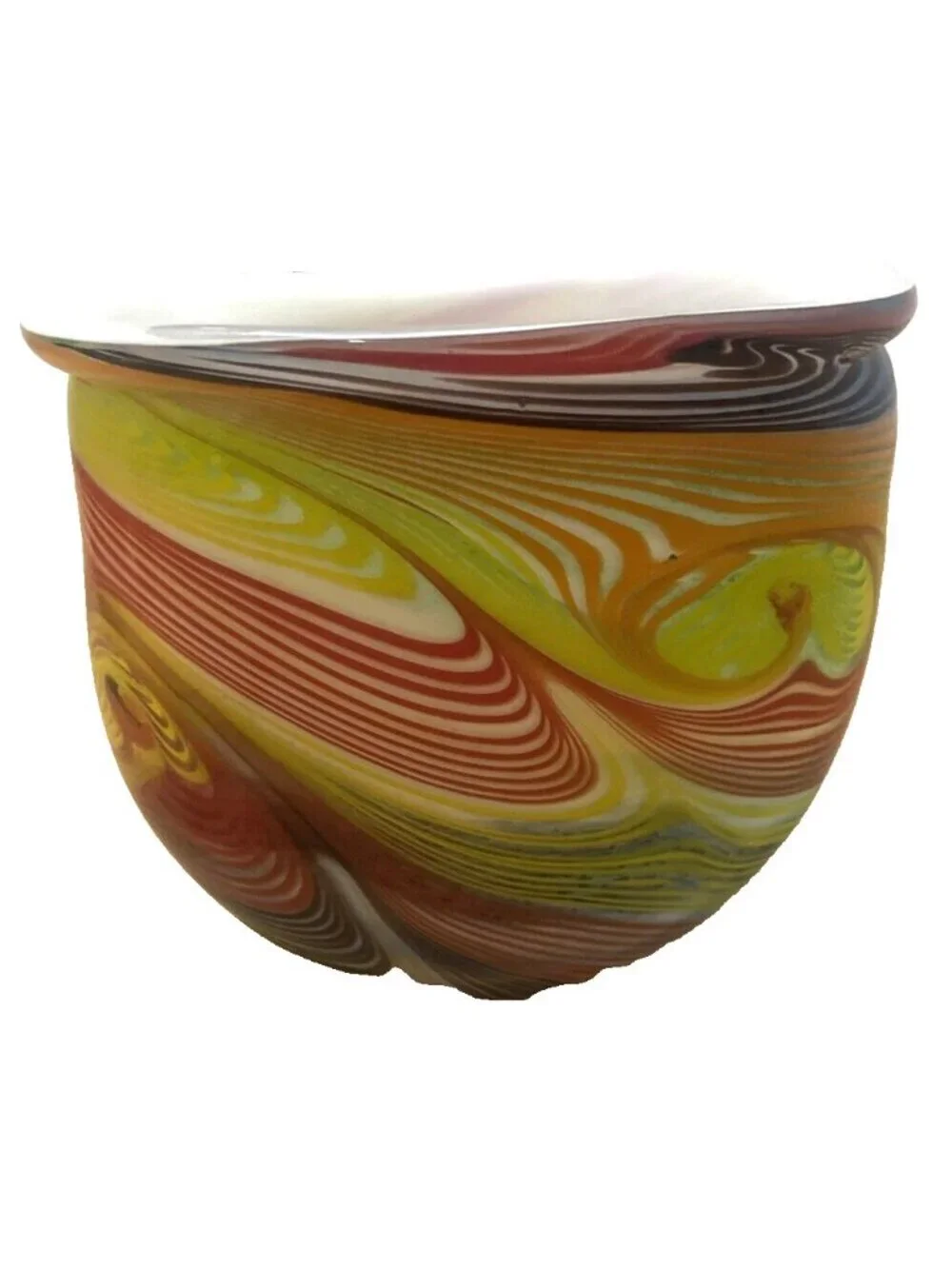 Swirl Art Glass Multi Color Red Orange Yellow Green Black Vase Heavy 7'X7